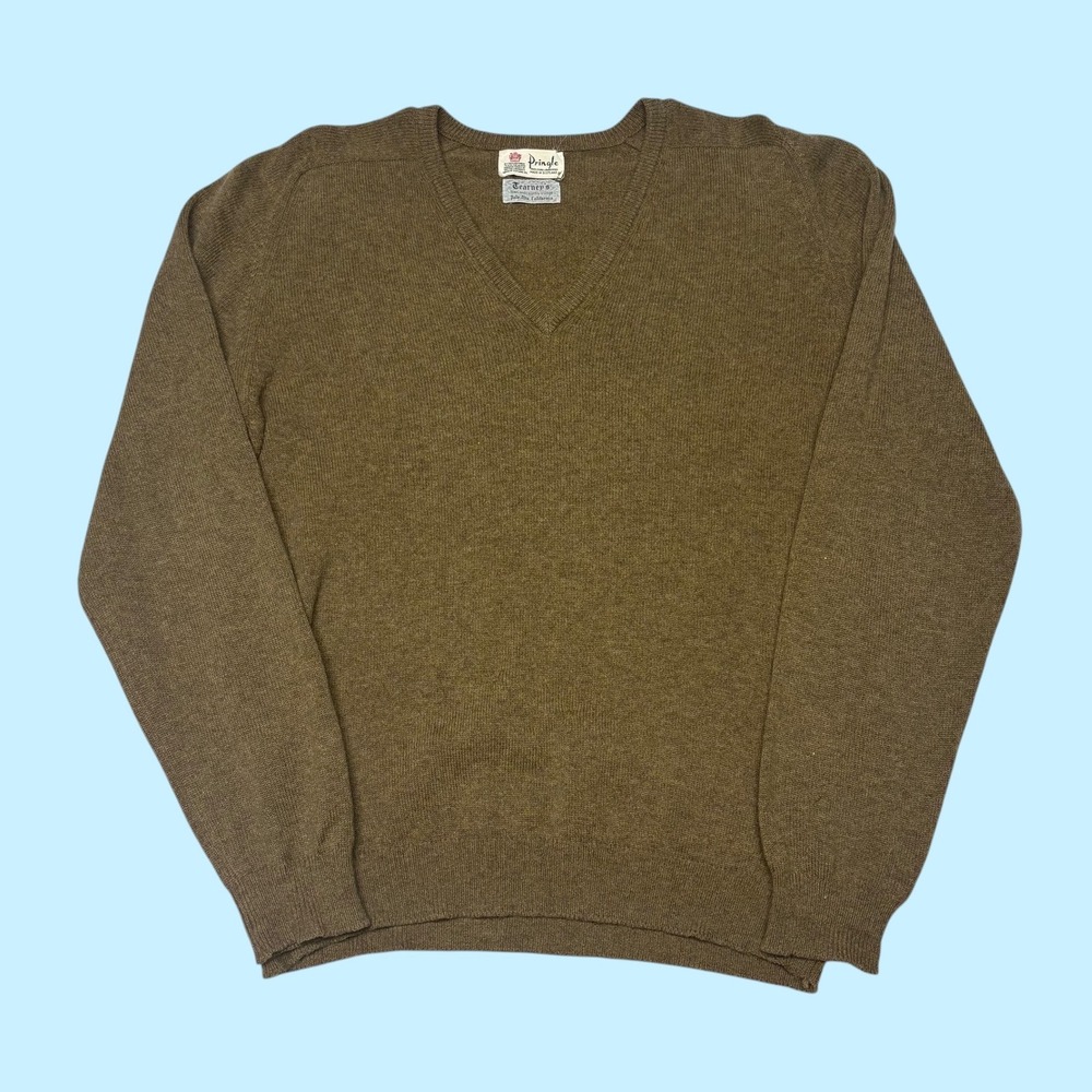 Vintage Pringle of Scotland Mens Lambswool V-Neck Sweater Olive Brown XL